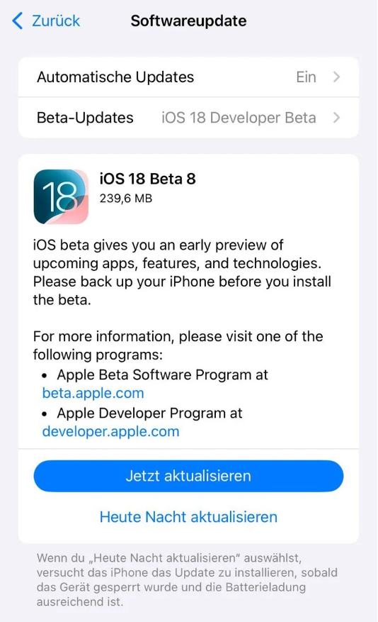 安州苹果手机维修分享苹果 iOS / iPadOS 18 开发者预览版 Beta 8 发布 